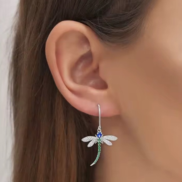 Emerald Green Dragonfly Dangle Earrings - Picture 6 of 10